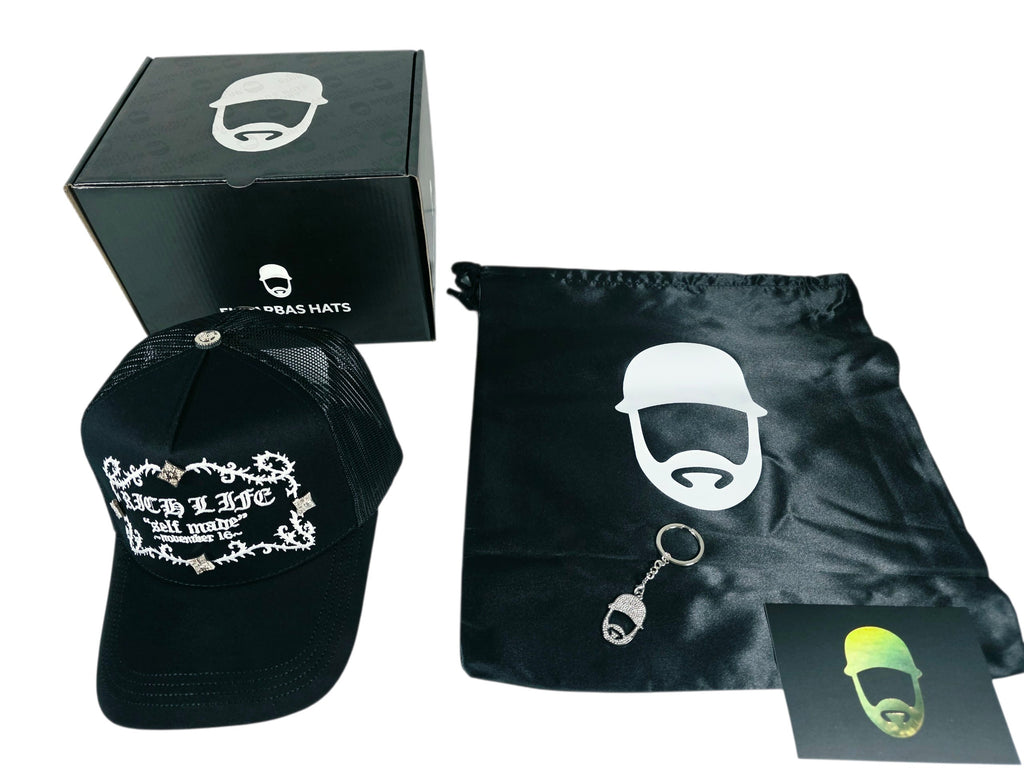 Barbas hats X rico o Mu3rto |RICH LIFE BLACK| Full set [hat ,box , dust cover, card and keychain] Box Premium Limited Edition