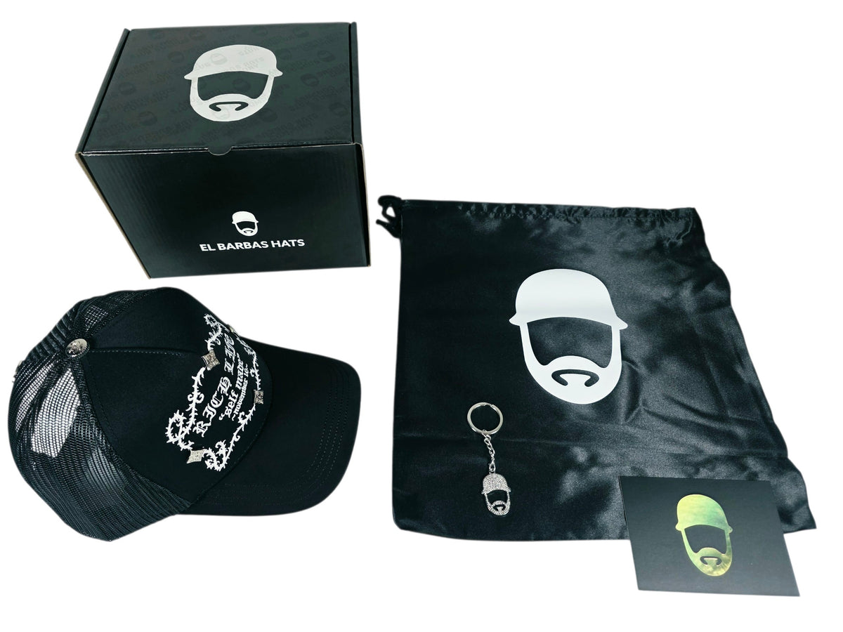 Barbas hats X rico o Mu3rto |RICH LIFE BLACK| Full set [hat ,box , dust cover, card and keychain] Box Premium Limited Edition